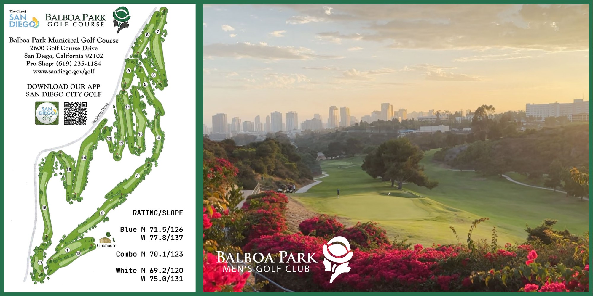 Balboa Park scorecard back: hole yardages, stroke index, and local rules